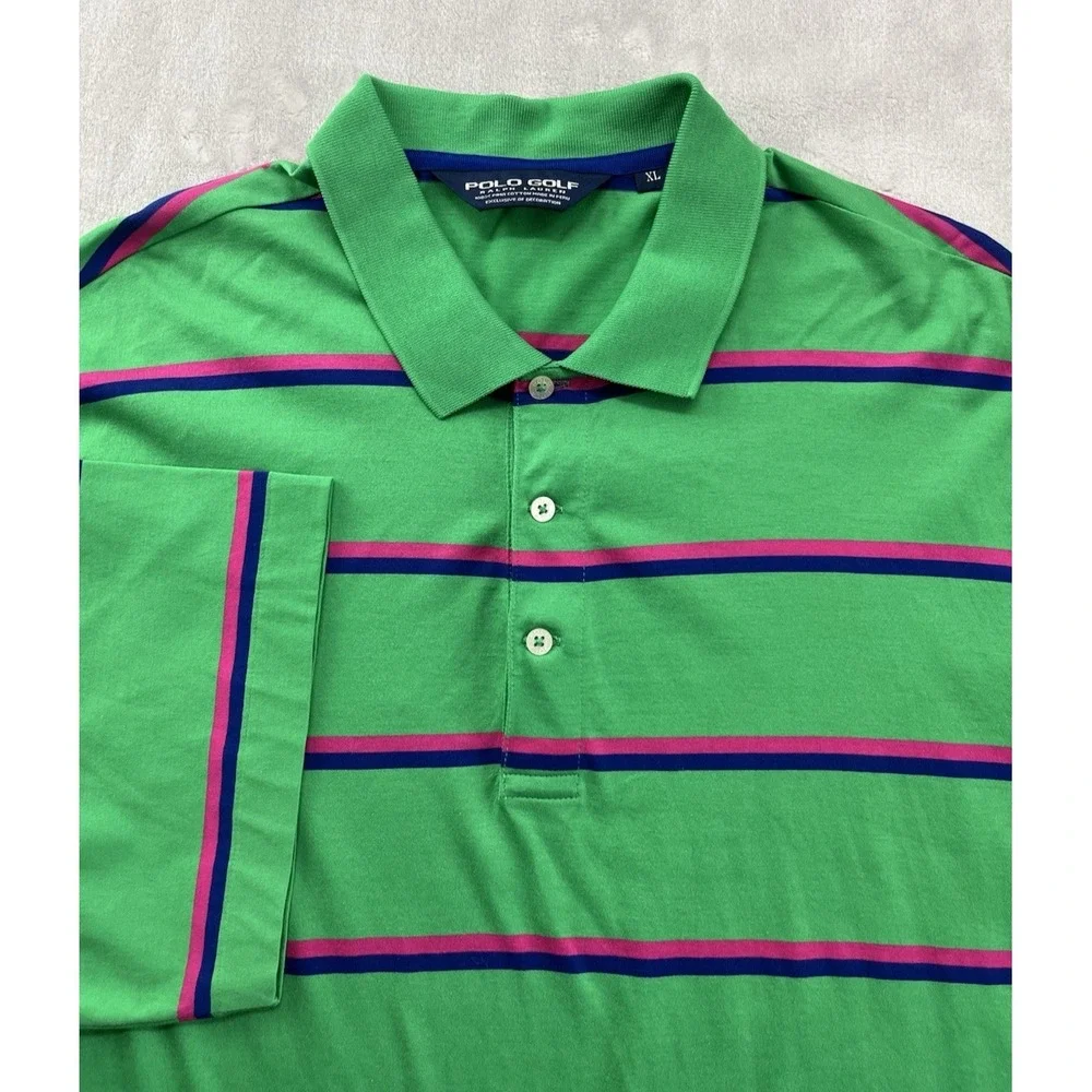 Polo Golf Ralph Lauren Polo Shirt Men XL Green Stripes Regular Hi-Low Slit Pima